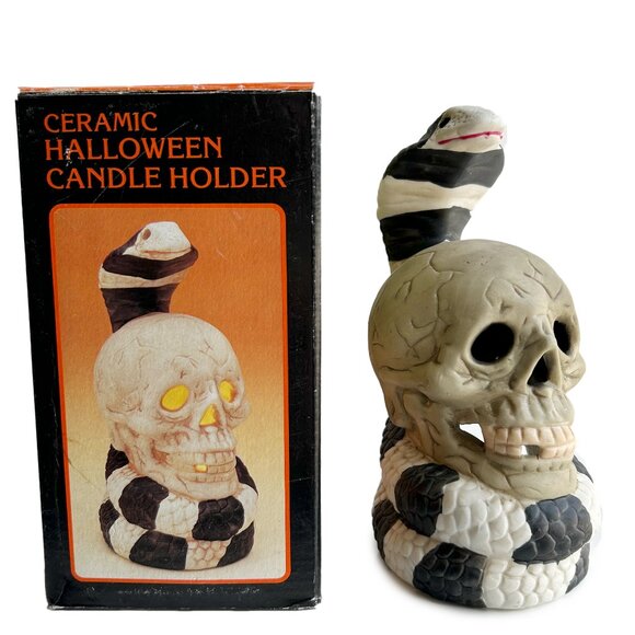Vintage Halloween Skull and Snake Ceramic Candle Holder - Picture 1 of 6